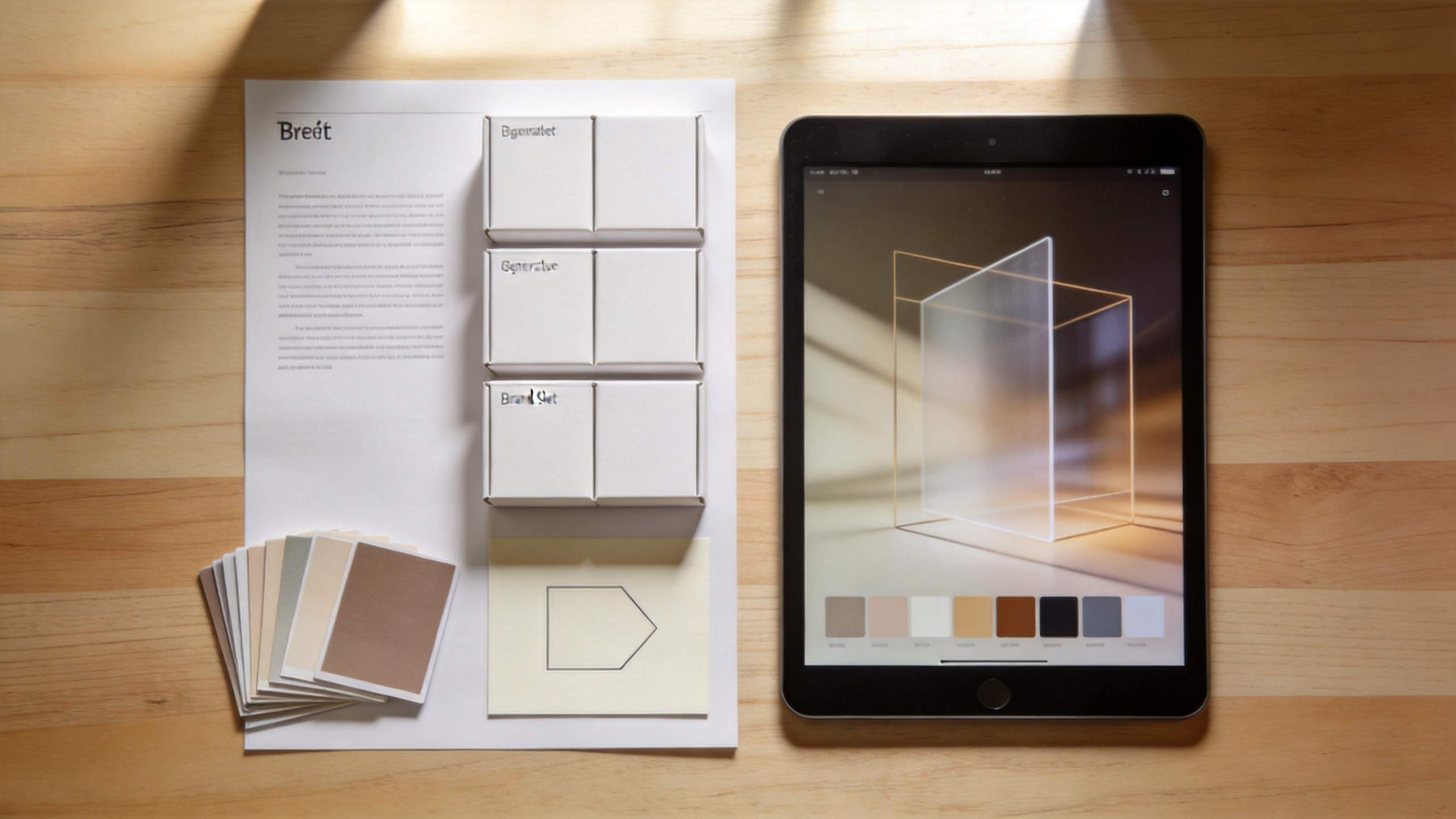 Brand style board with color swatches and packaging mockups beside a tablet showing a geometric design