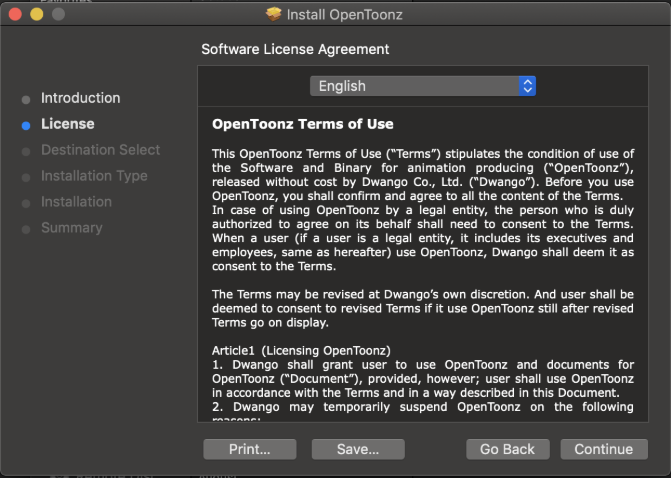 Accepting the OpenToonz license while installing
