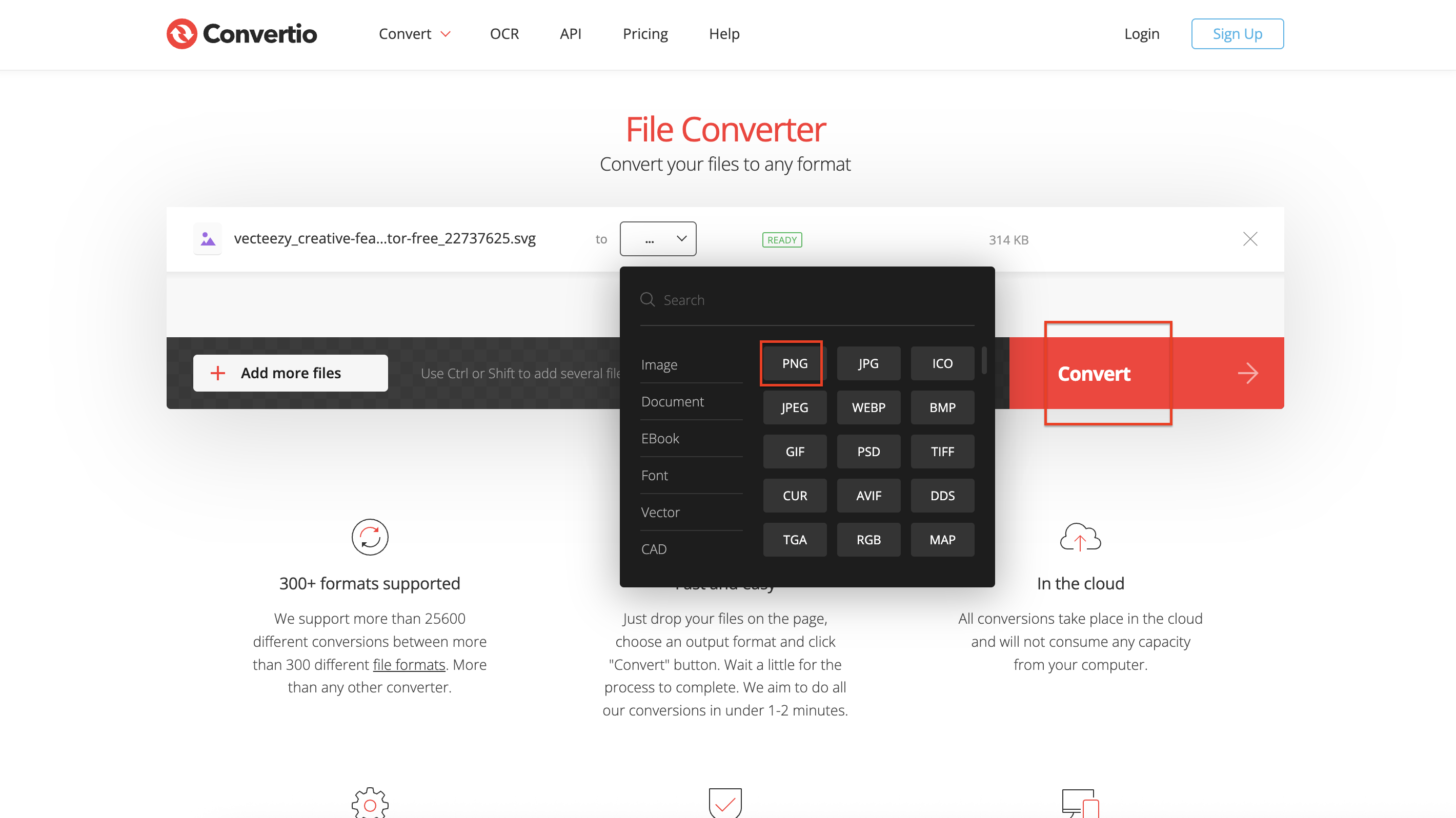 Choisissez PNG comme format de sortie
