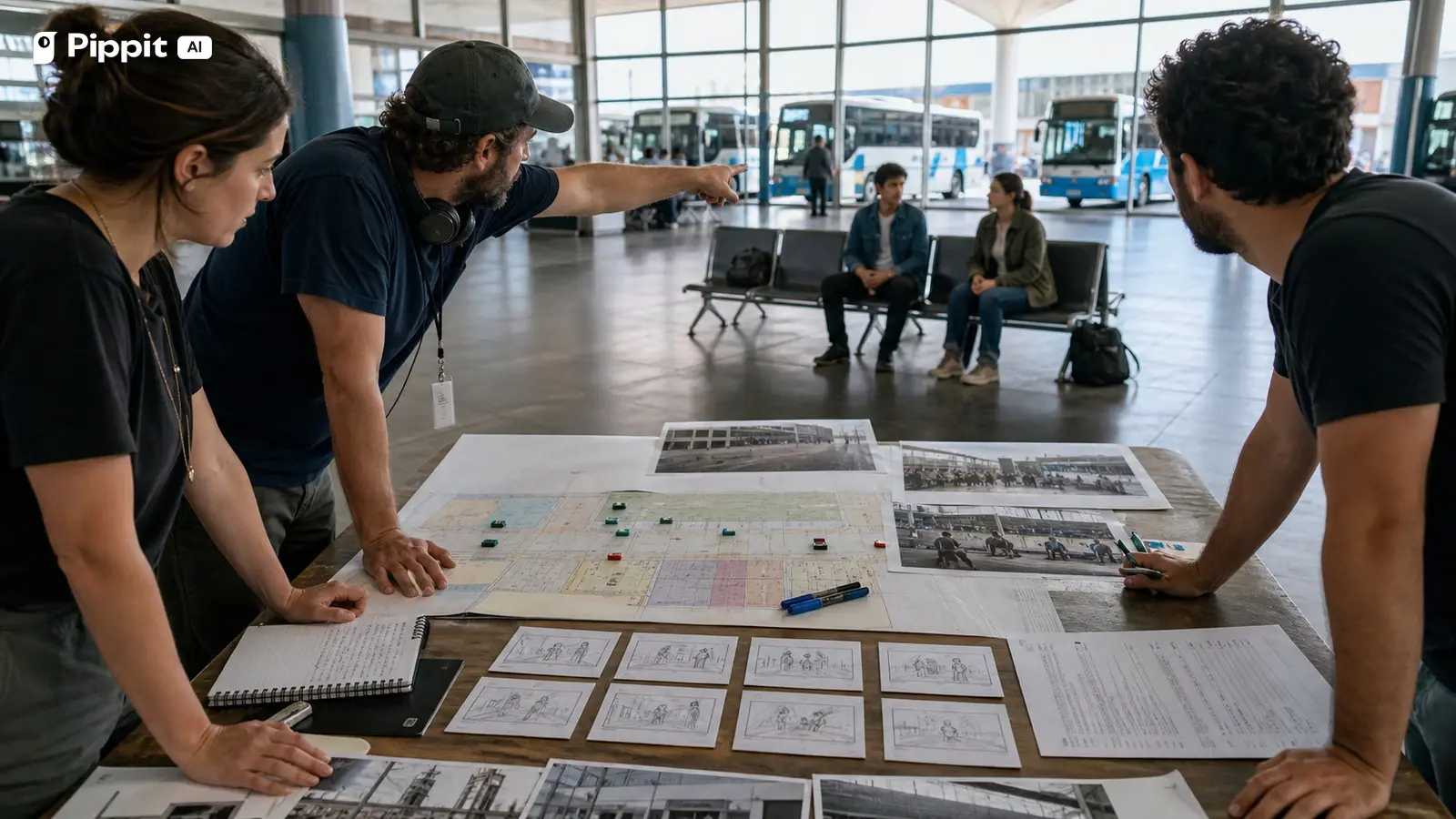 A director and small team plan camera positions for a bus terminal phone exchange.