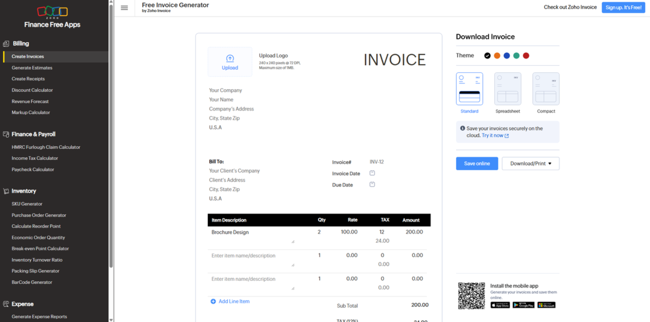 Interface of Zoho - the most efficient free invoice generator