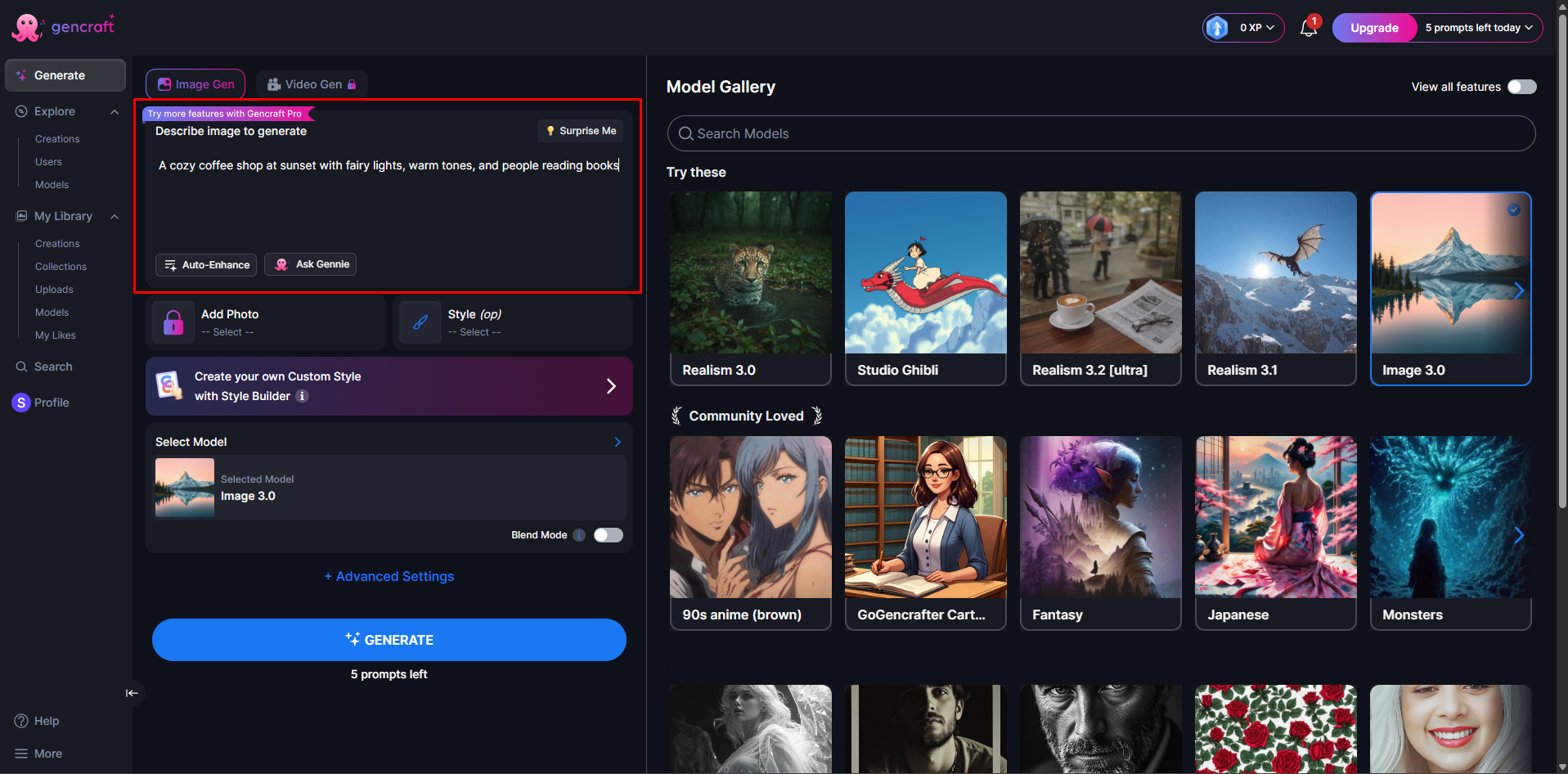 Eingabe einer Beschreibung in den Gencraft AI-Bildergenerator