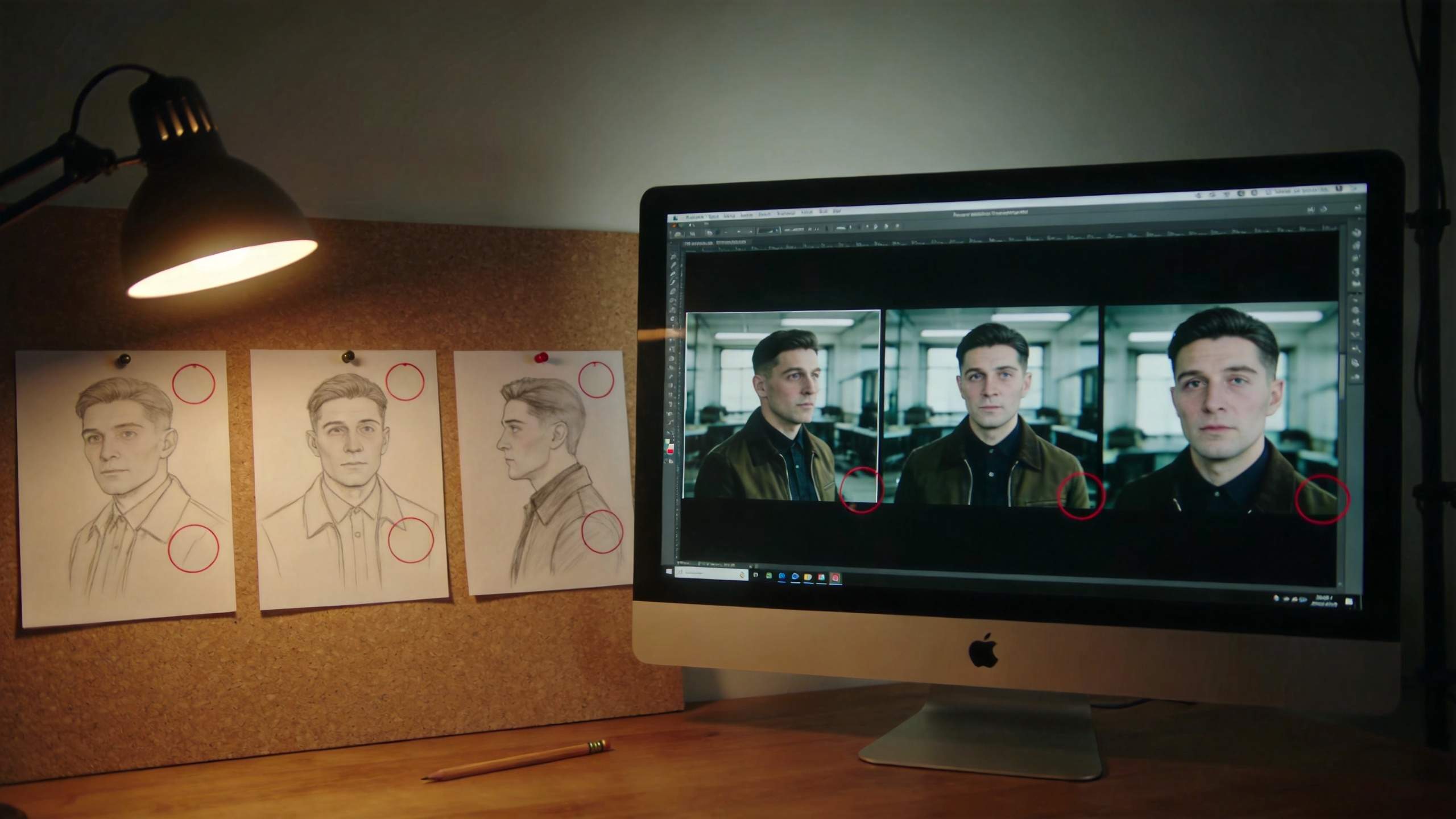 Desk with pinned portrait sketches and an iMac showing three male face reference photos