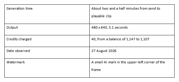 Table showing generation time, output size, credits charged, date observed, and watermark.