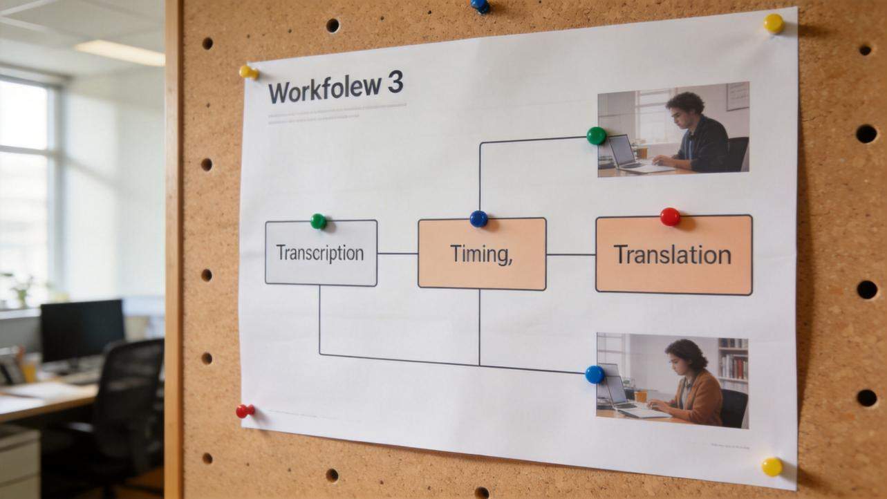 Workflow chart showing transcription, timing, and translation steps pinned to a corkboard