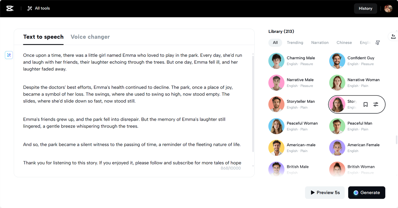 CapCut Web's text to speech generator