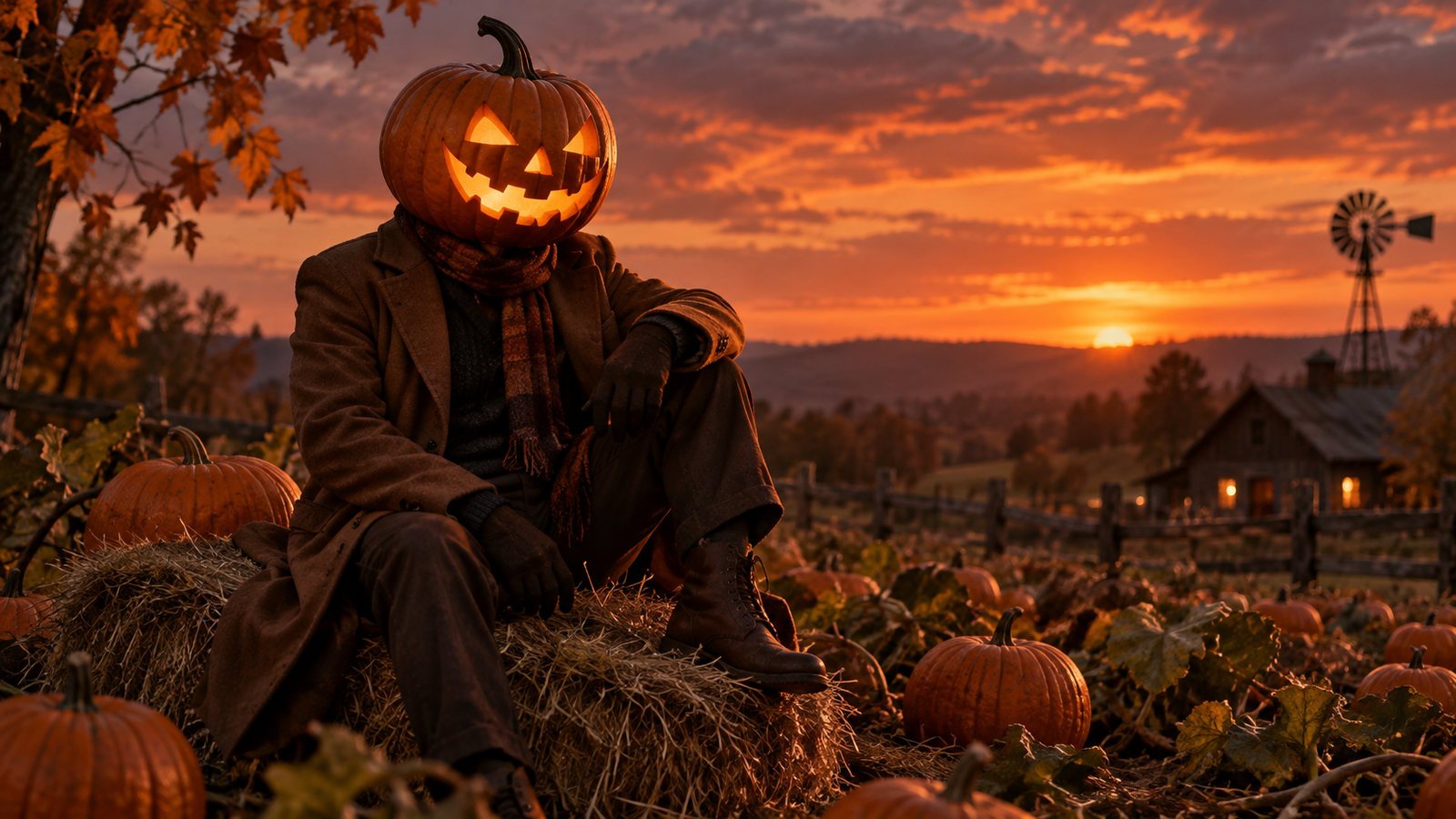 Autumn pumpkin portrait: Fictional adult with a carved jack-o-lantern head and stylish autumn coat in a pumpkin field, realistic editorial photo