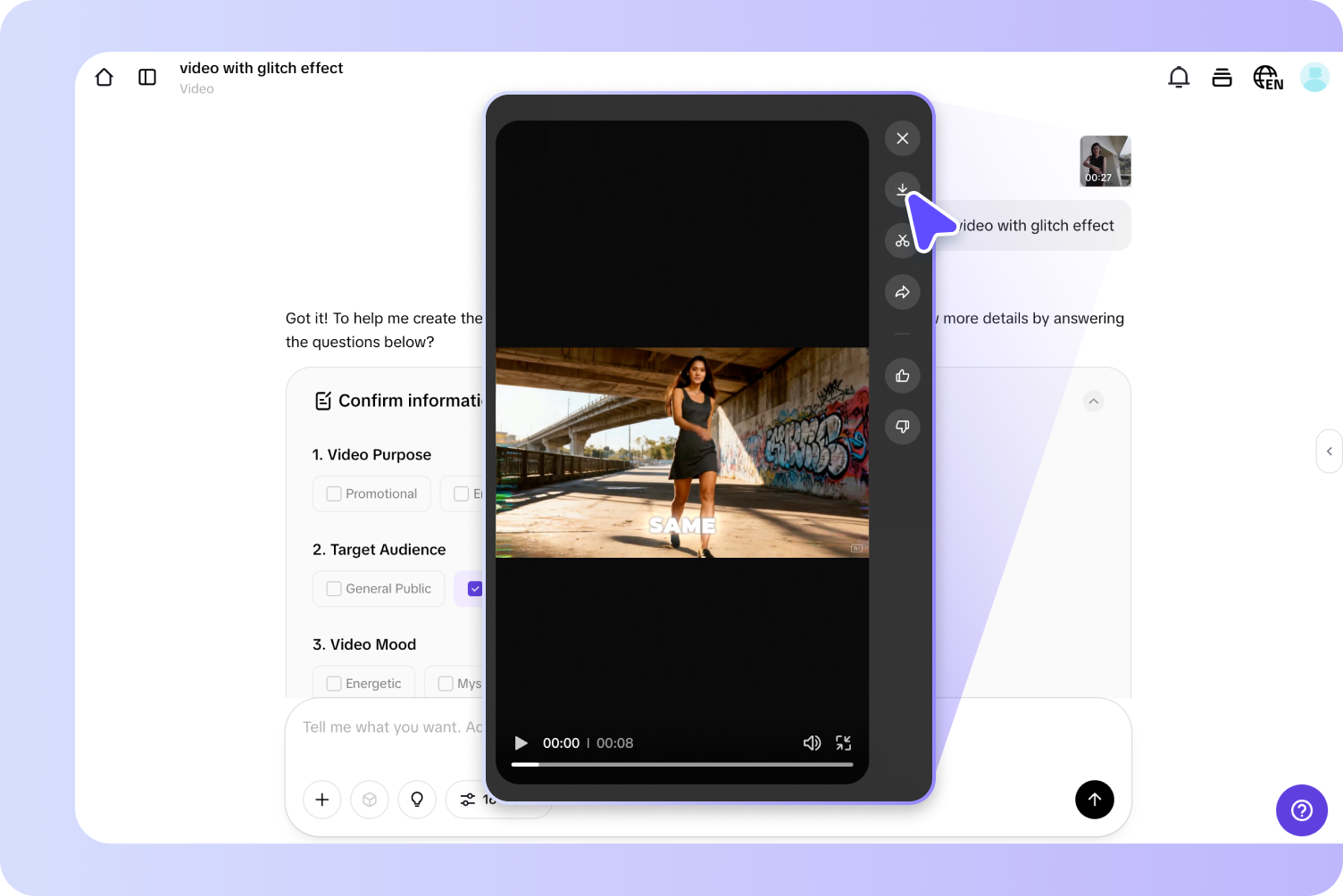 Exporting video with glitch effect from Pippit