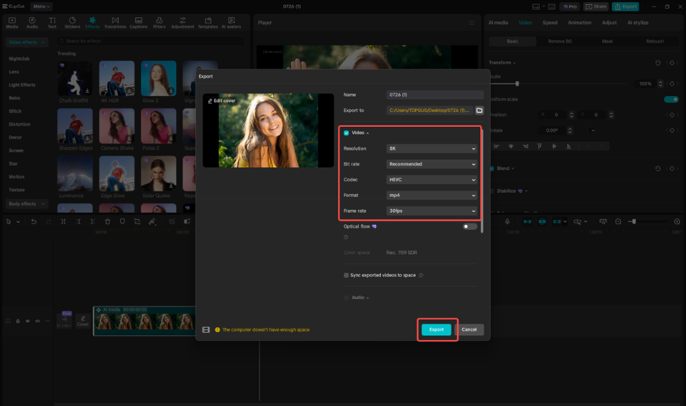 Exporting the video in CapCut
