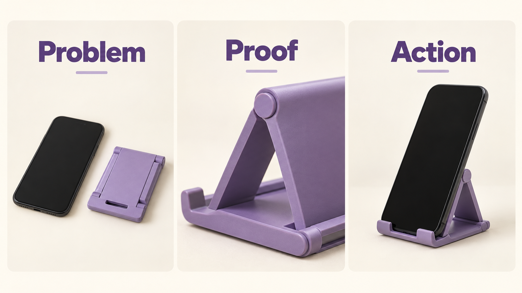 Three-panel Problem Proof Action method diagram for a violet foldable phone stand