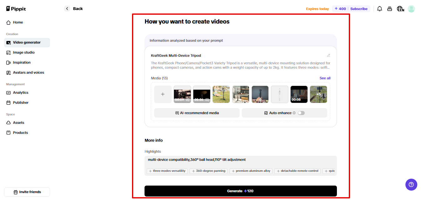 Generating video ad in Pippit