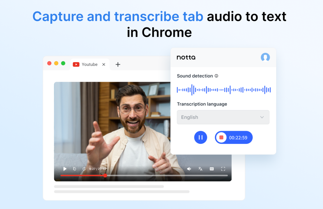 Interface of Notta - the best plugin to transcribe a YouTube video