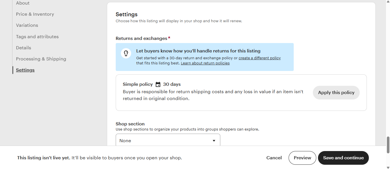 Customize settings and sell