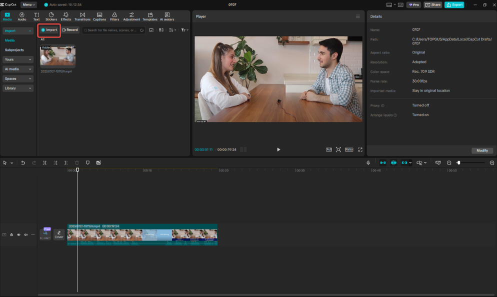 Importing the Turkish video in CapCut