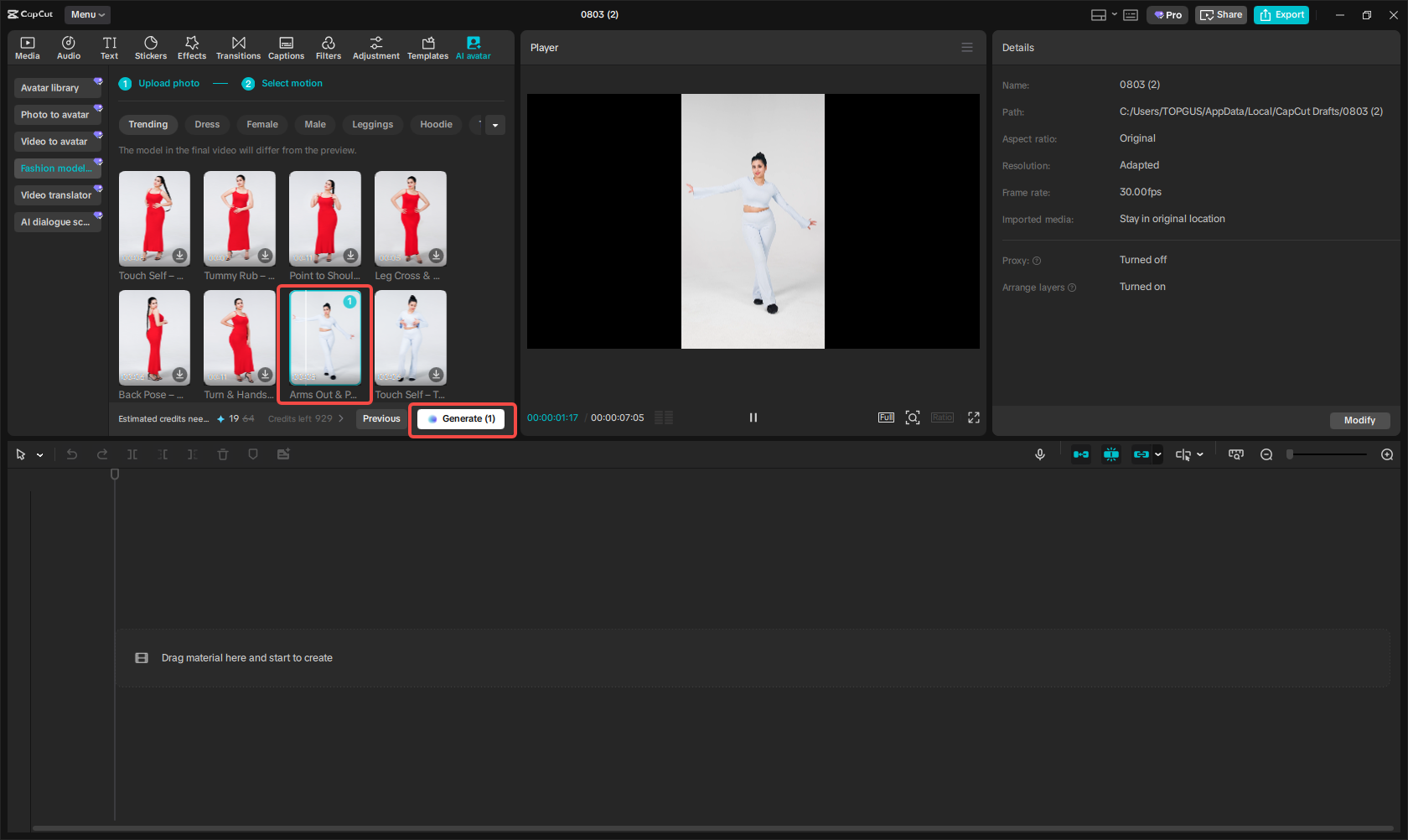 Selecting the character's motion in CapCut