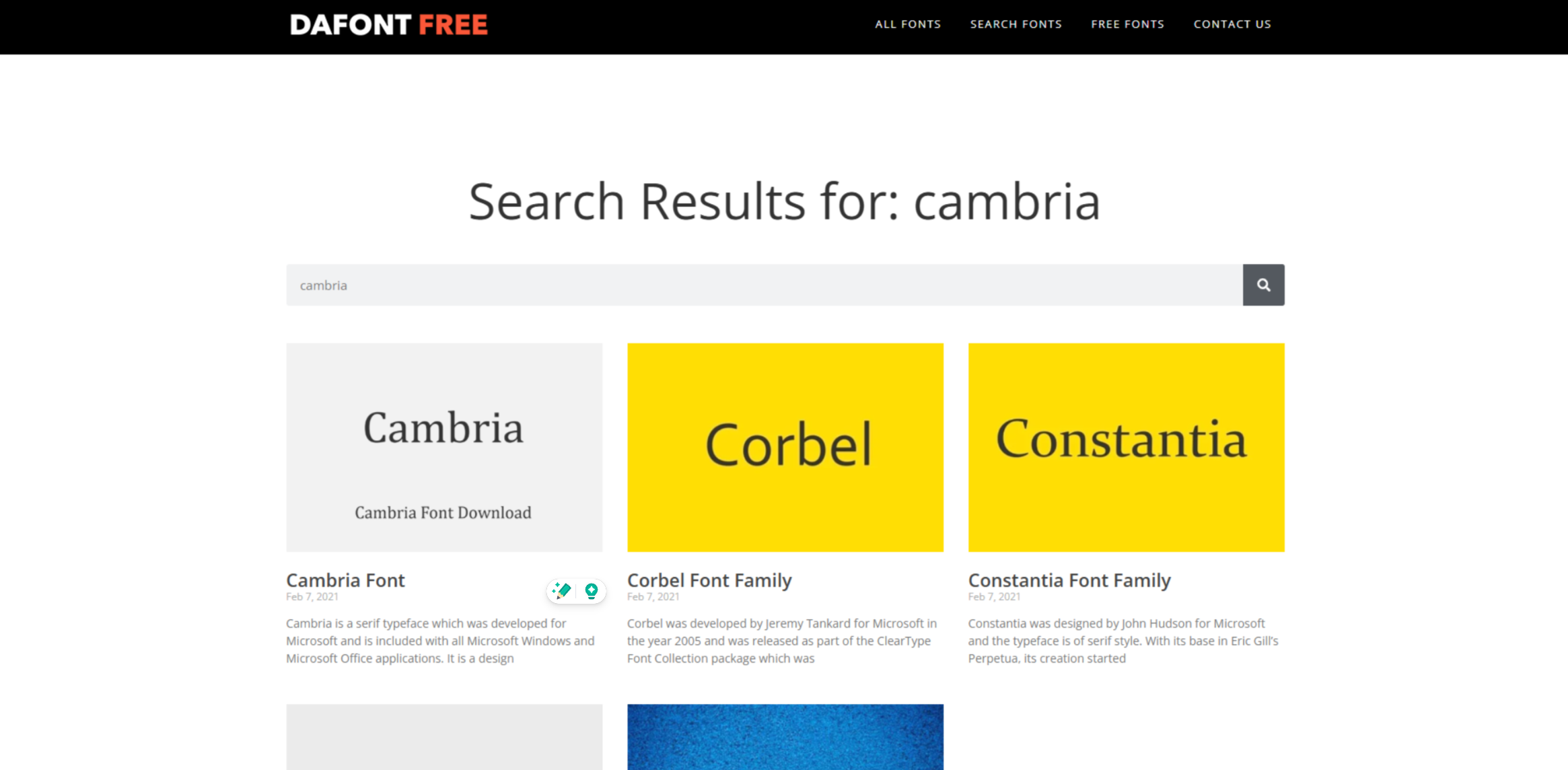 Interface of DaFont - a valuable site to download Cambria font 