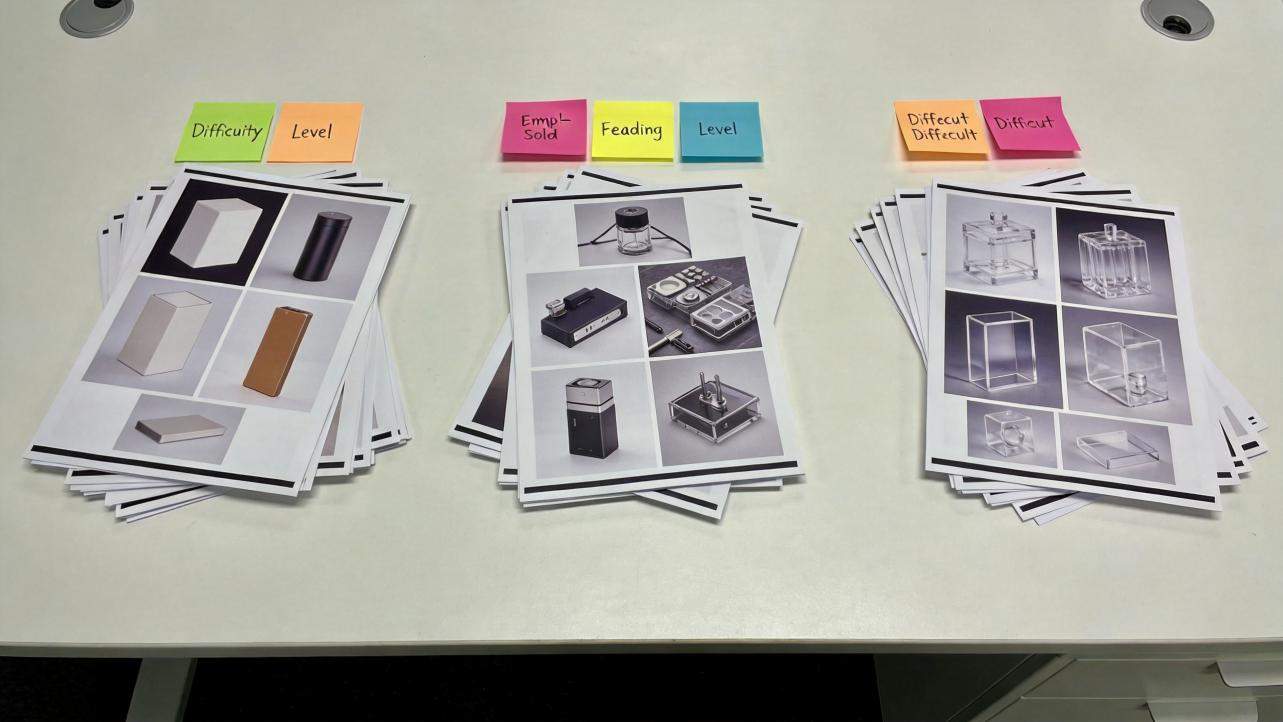 Three stacks of printed product photos labeled difficulty levels with sticky notes