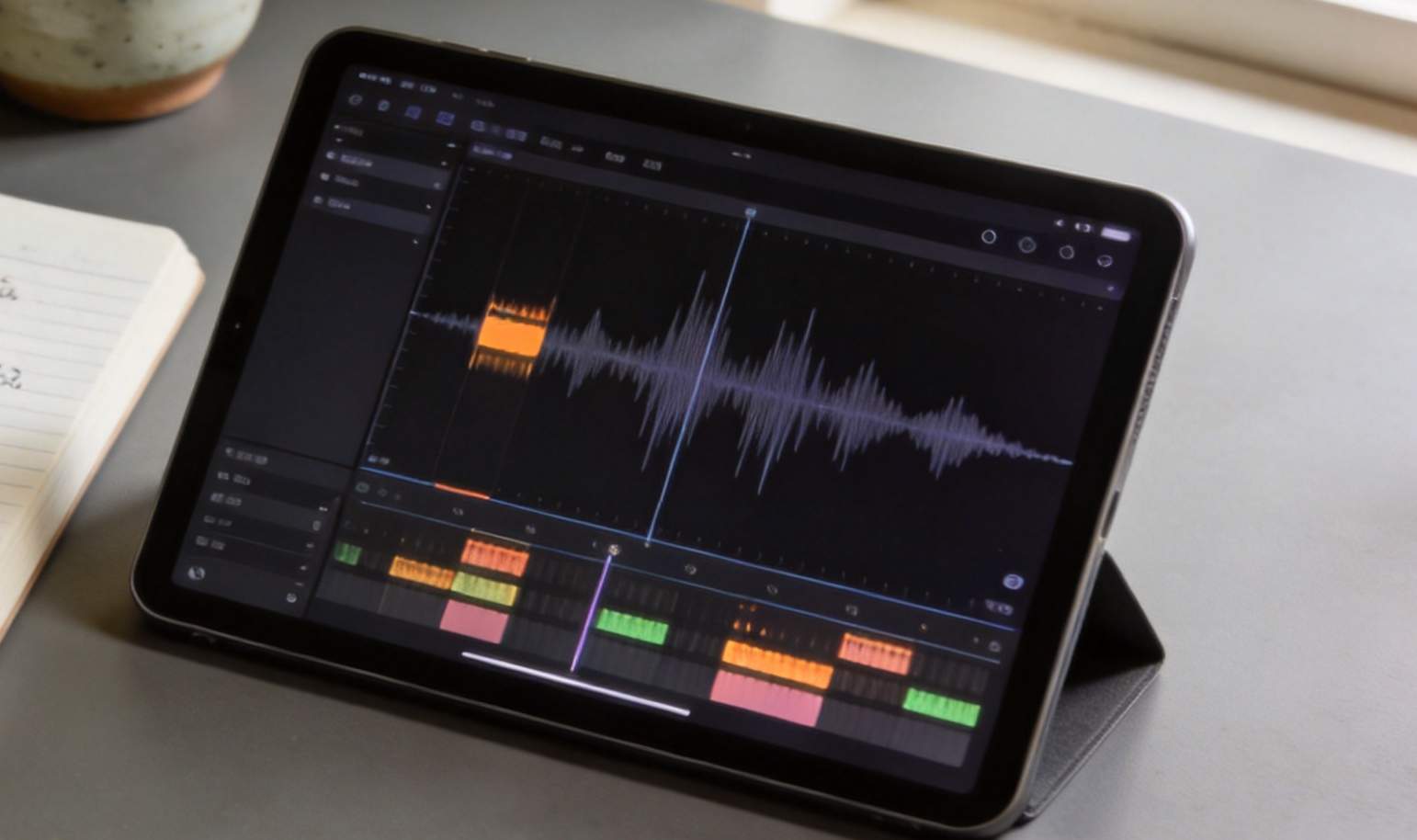 Notebook with handwritten notes beside a tablet showing an audio waveform editor