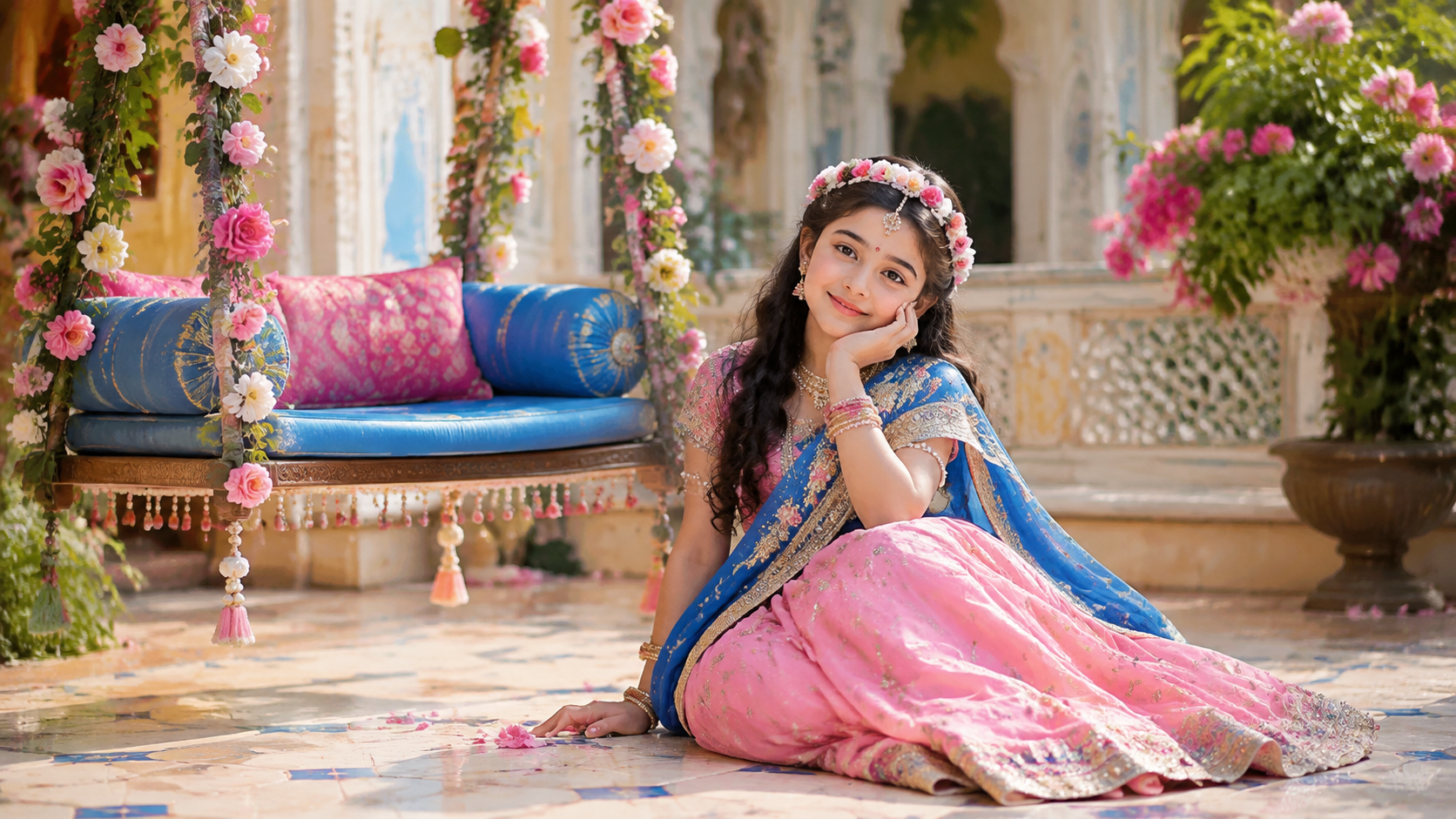 radha rani pose for girl example — Family-friendly celebration scene