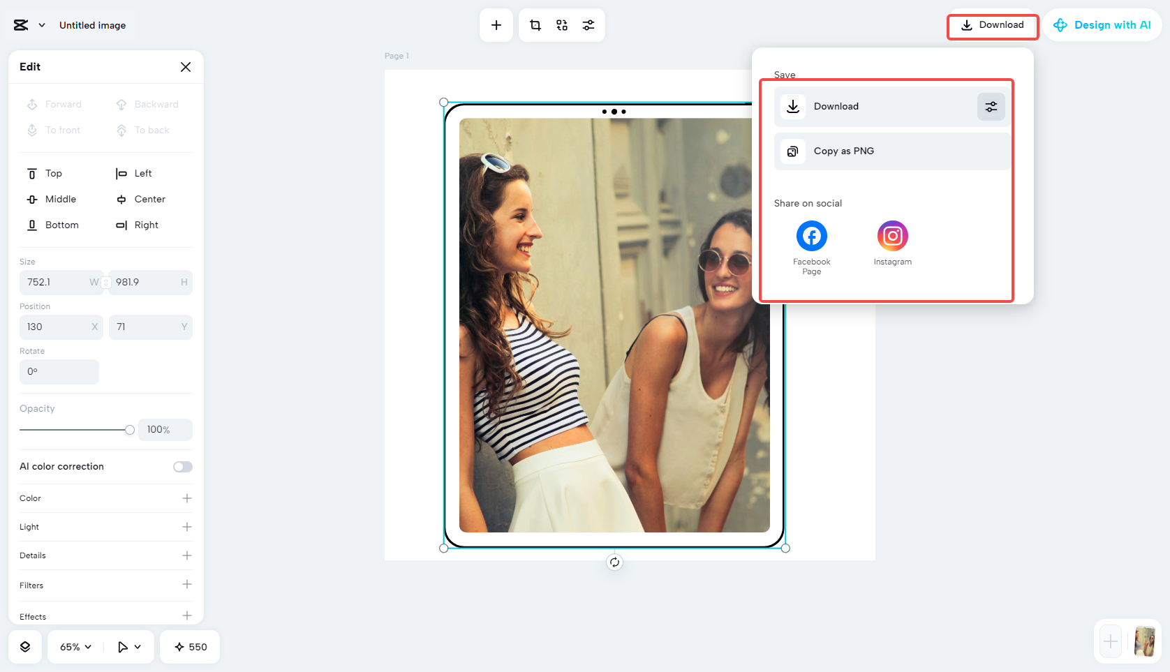 Exporting the photo in CapCut