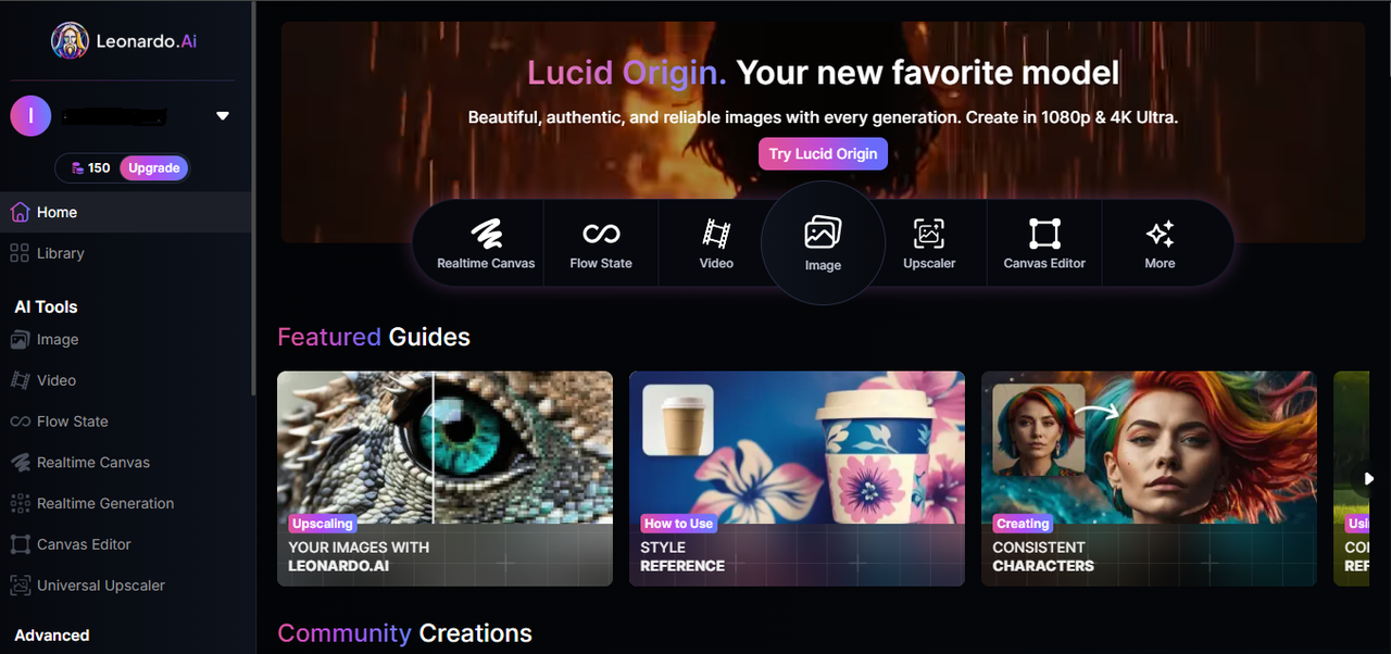 Leonardo AI image generation dashboard after login