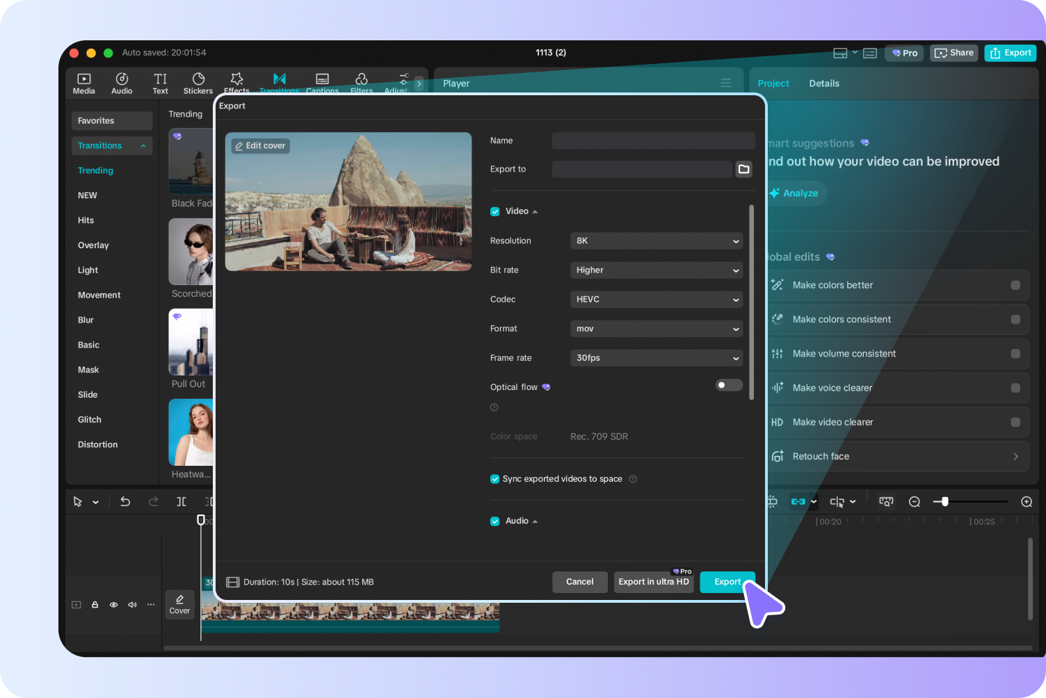 Exporting a video with transitions from the CapCut desktop video editor