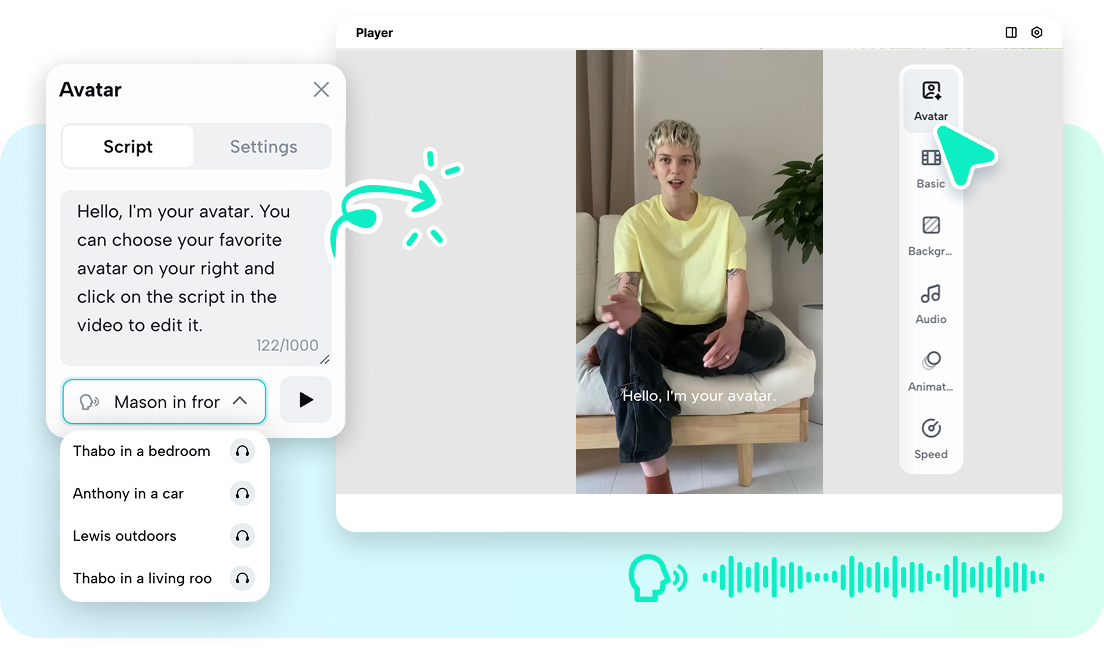 A manager using a laptop with the Pippit interface to create a video message for their team, possibly using the Custom Avatar feature.