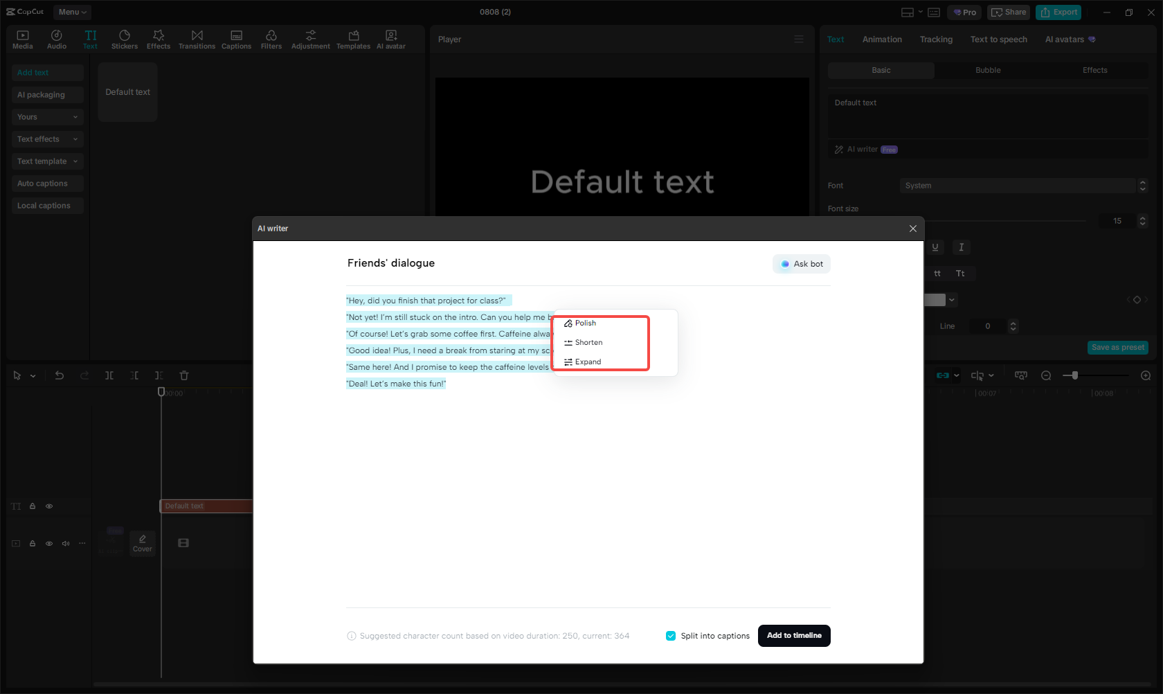 AIによって生成された対話の微調整CapCut