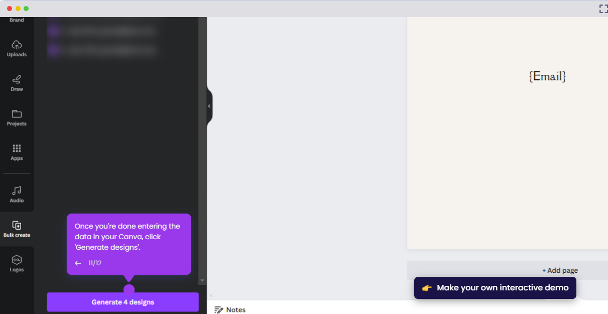 Click "Generate designs" to create content in bulk