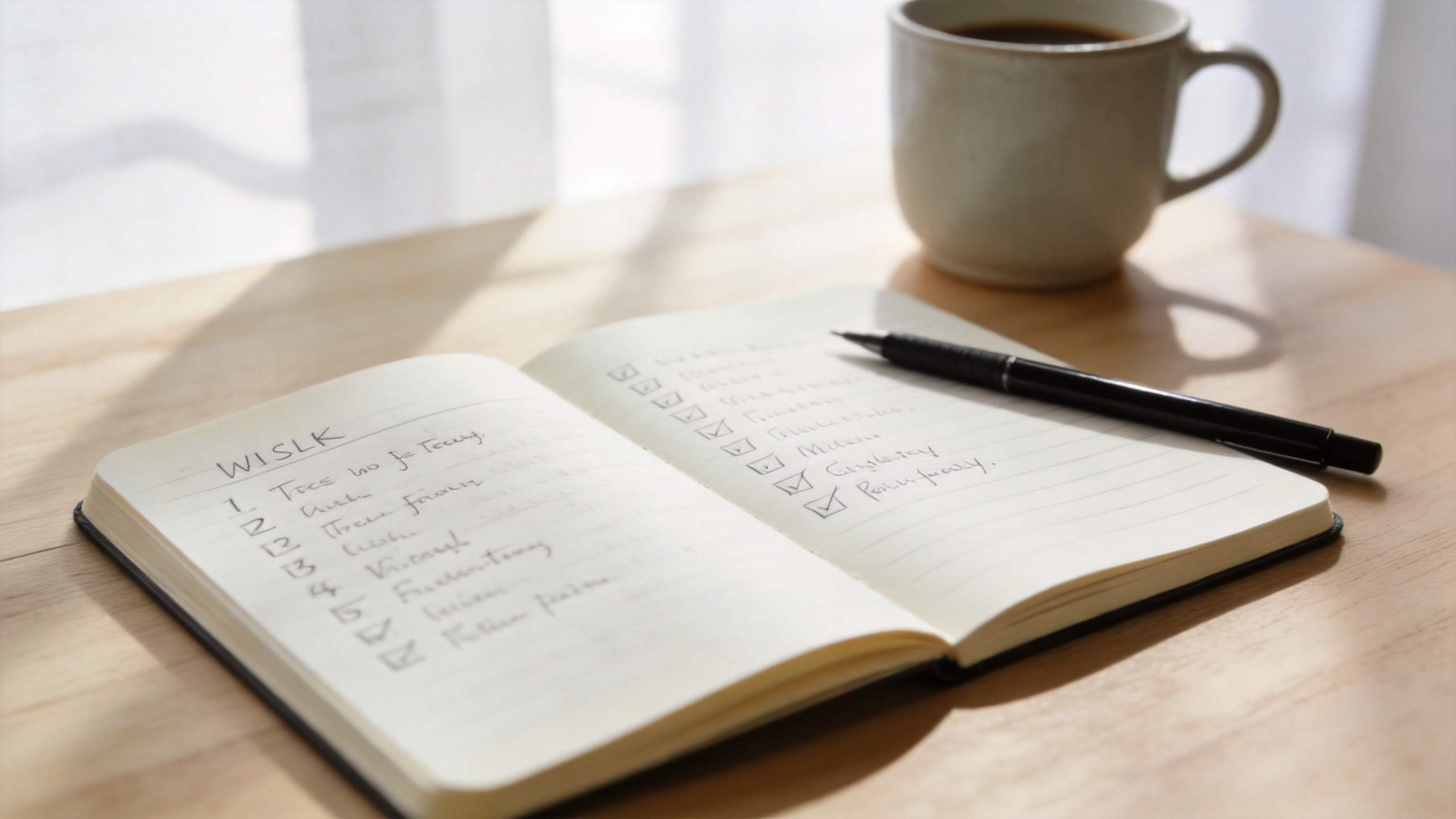 Open notebook with checklist and pen beside a coffee mug on a sunlit desk