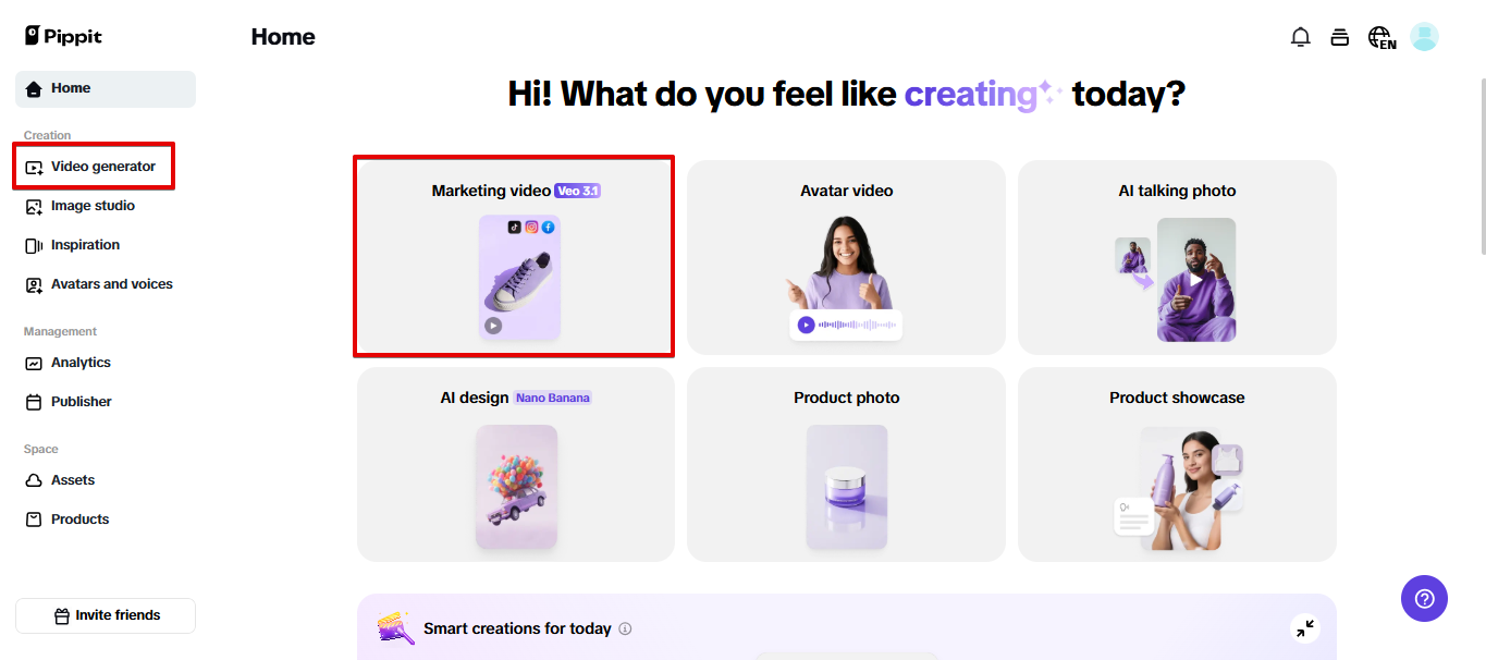 Opening AI video generator in Pippit