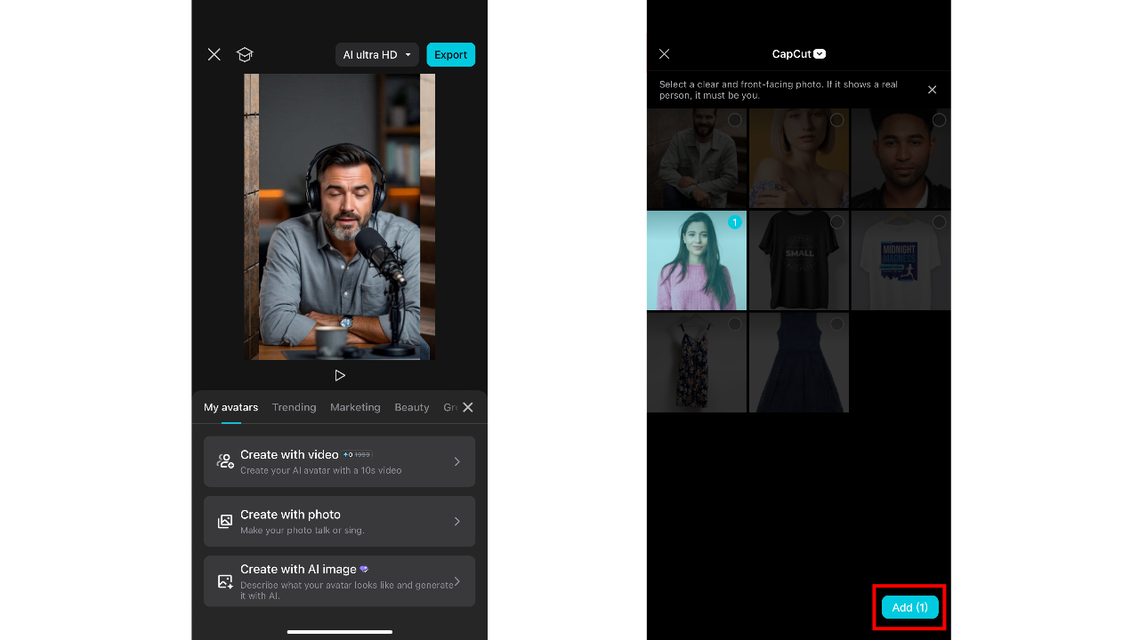 Select avatar creation method and choose media