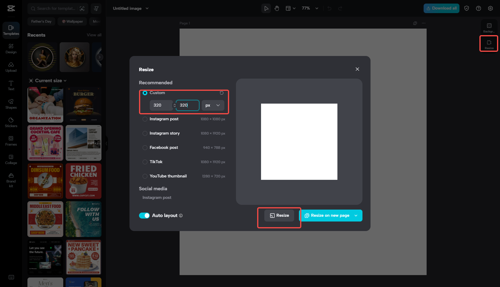 Resize the image size for the Instagram profile