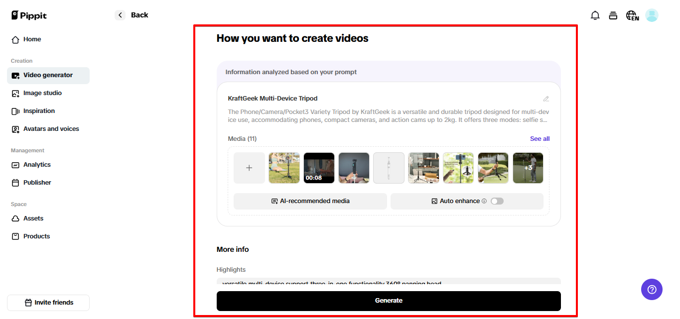 Generating video in Pippit