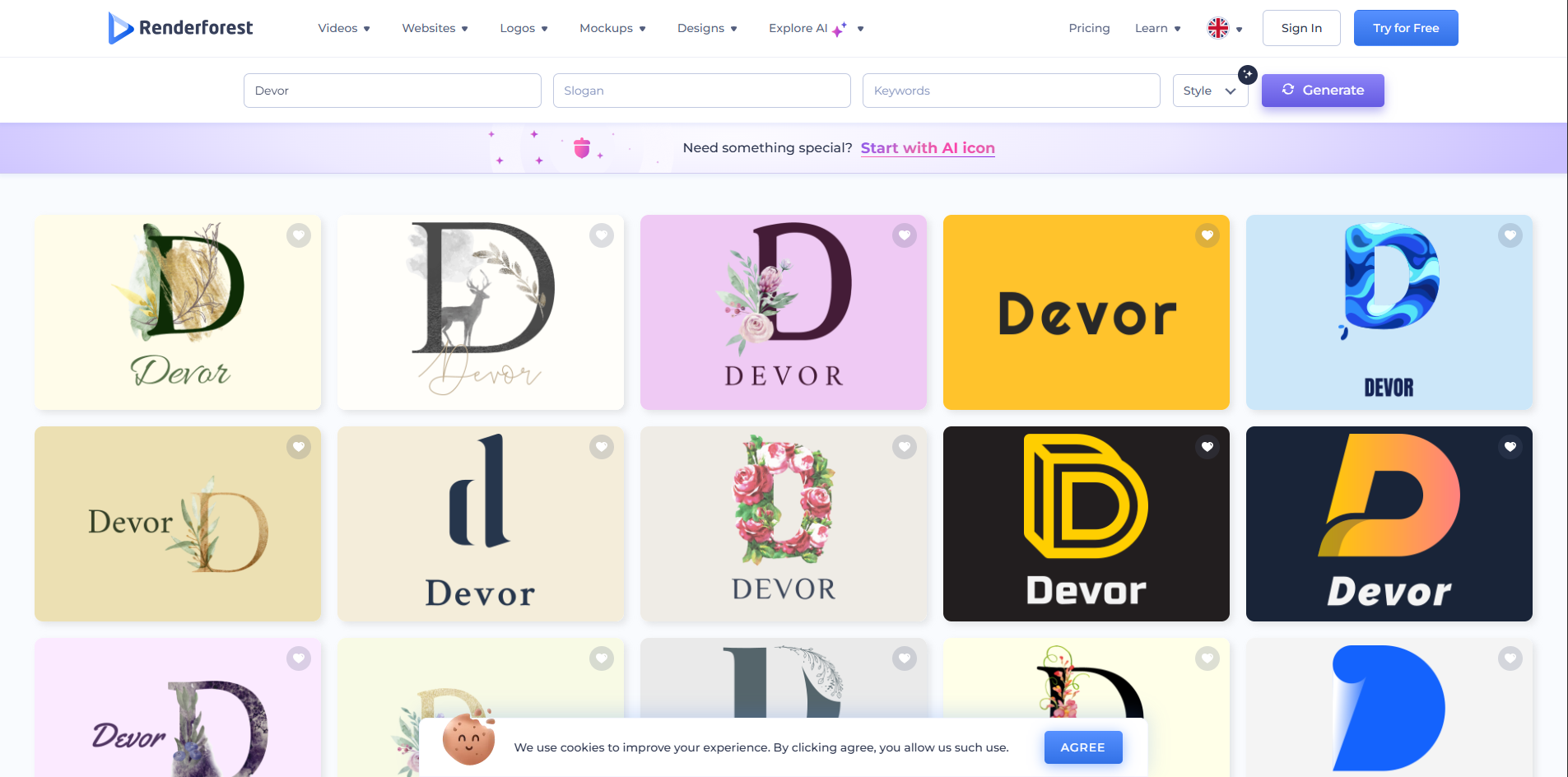 Interface of Renderforest - an easy to use tool for making brand logos