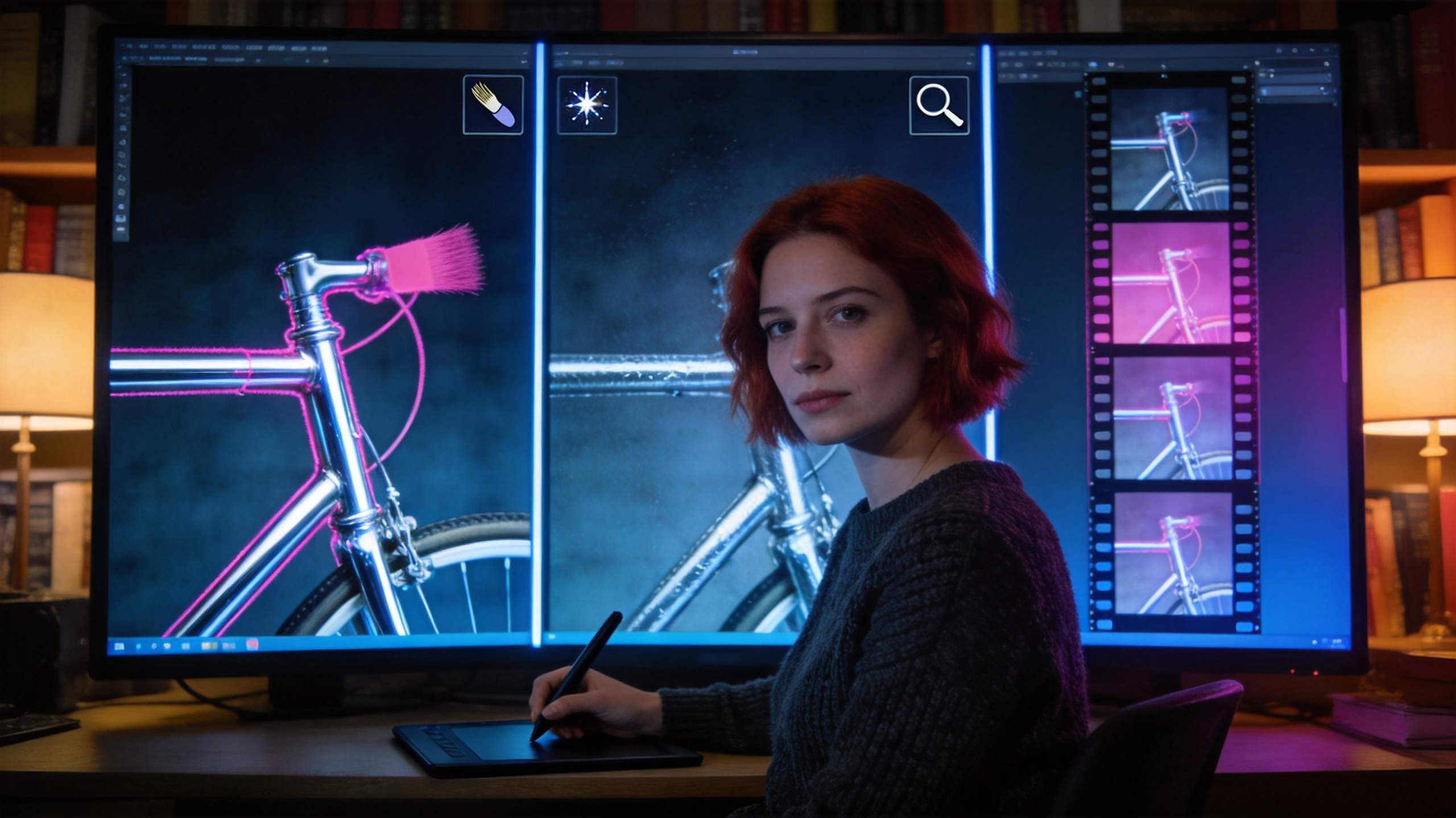Woman editing a bicycle video on a large monitor, with an unwanted object removed