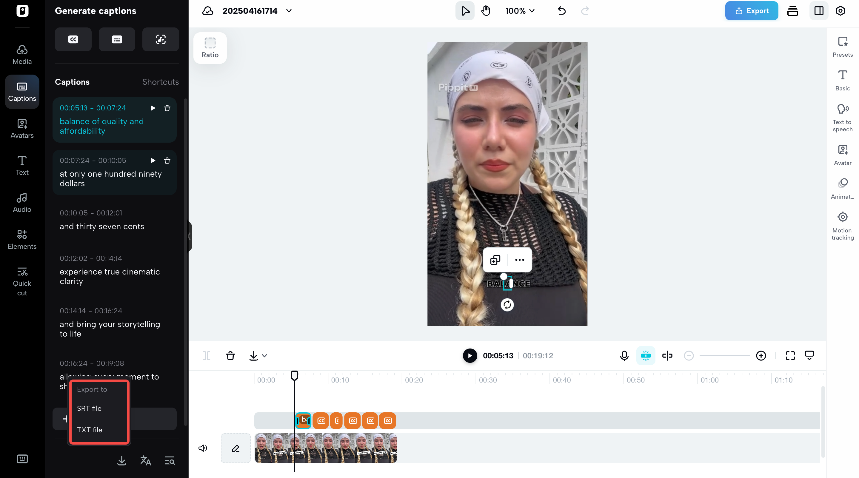 Edit and export your transcript using Pippit