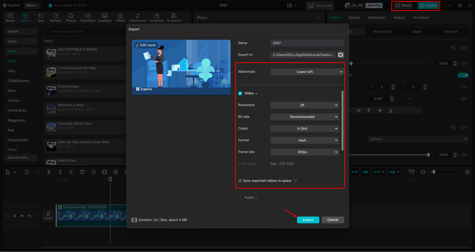 Exporting a video from the CapCut desktop video editor