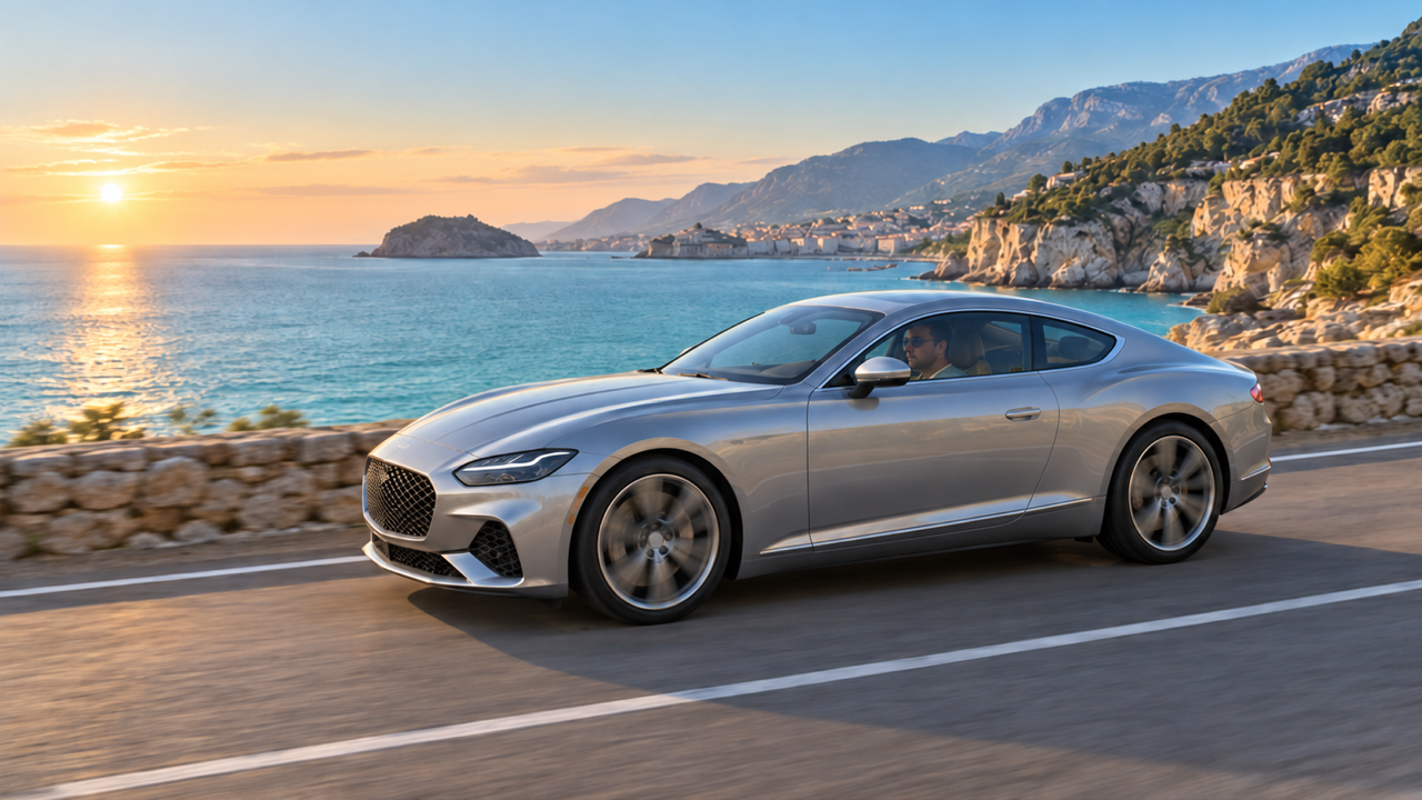 Premium photorealistic cinematic 16:9 STILL keyframe featuring an unbranded silver grand touring coupe with four coherent wheels and an original adult driver faintly visible through the side window, in a broad coastal road with a stone barrier, turquoise sea, and warm sunrise. Keep entire vehicle with space ahead and behind it fully inside the composition. Detailed materials, coherent anatomy, balanced cinematic lighting, clean background separation. One coherent scene, no text, logos, watermark.
