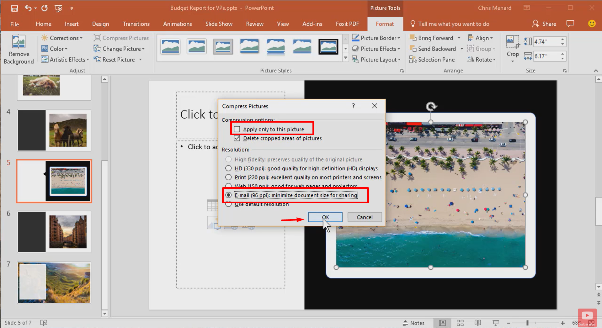 Applying the compression settings in PowerPoint