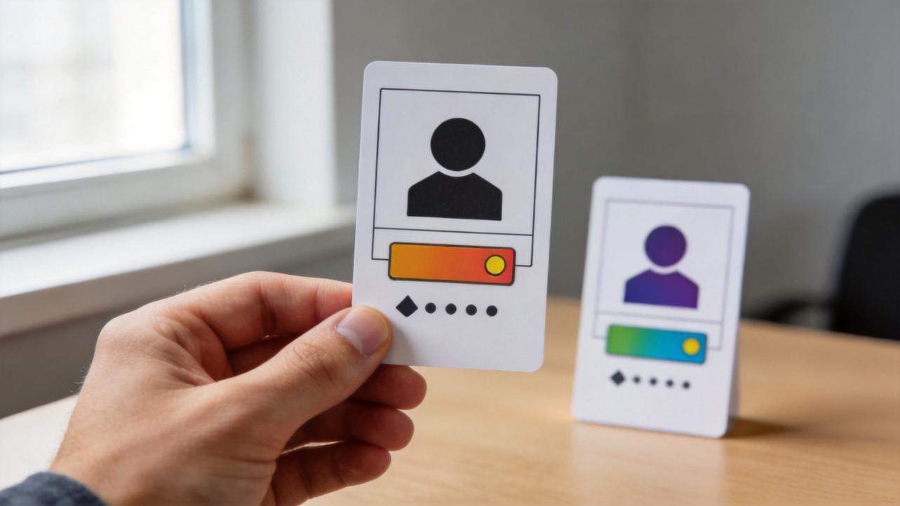 Hand holding a profile card with an orange slider, with another profile card on a table behind it
