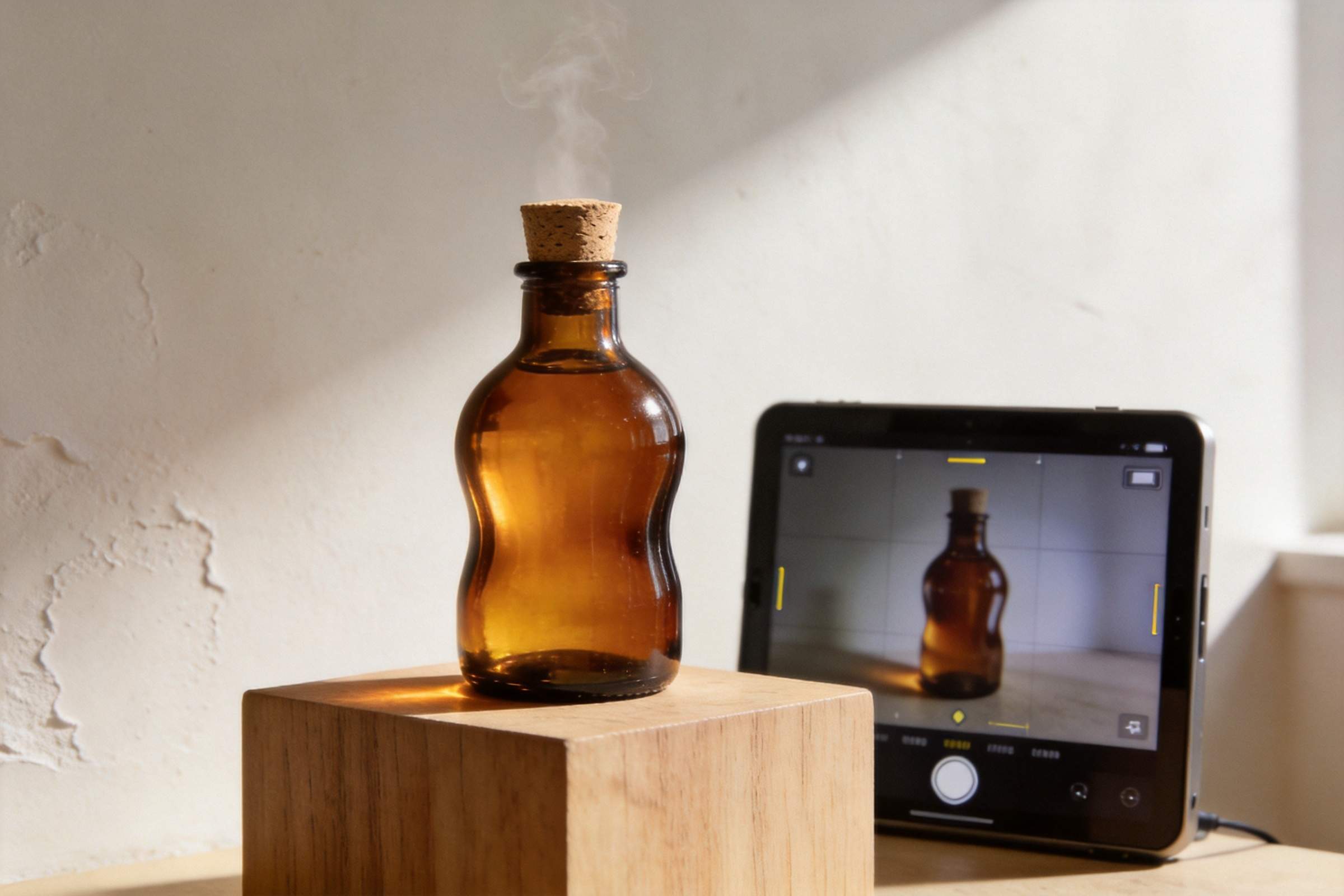 Amber glass bottle on a wooden block, with a tablet camera preview beside it