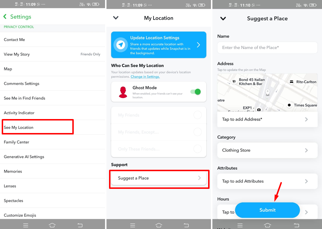 Obrázek ukazuje, jak přidat umístění razítko na Snapchat