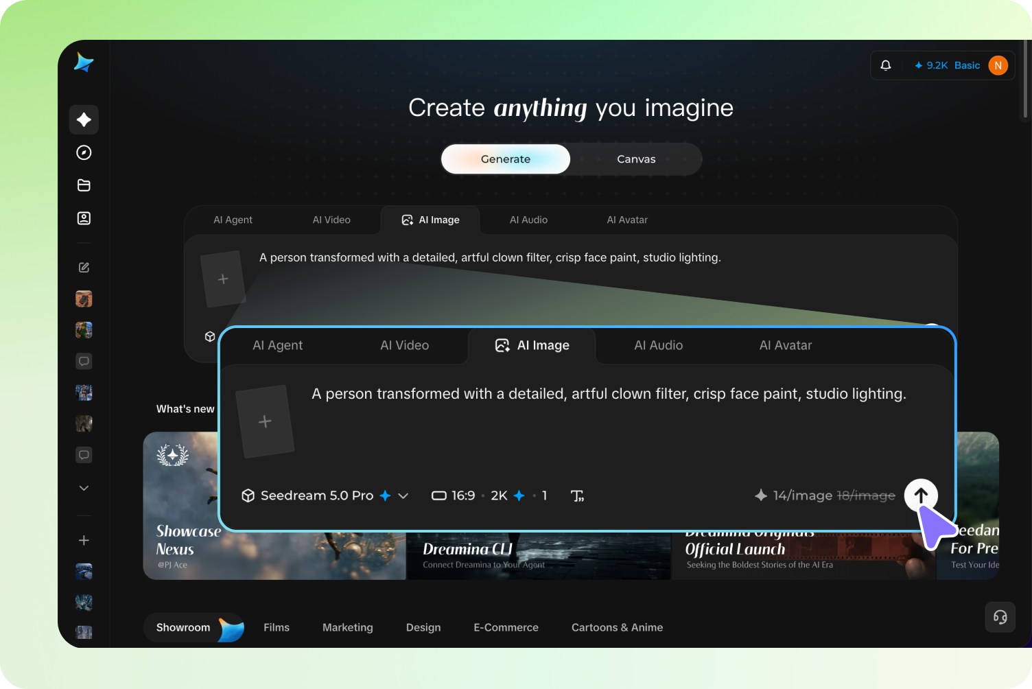 A screenshot of Dreamina's Create dashboard