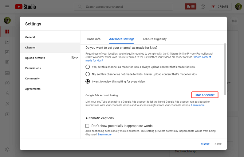 Linking a YouTube channel to Google Ads on PC