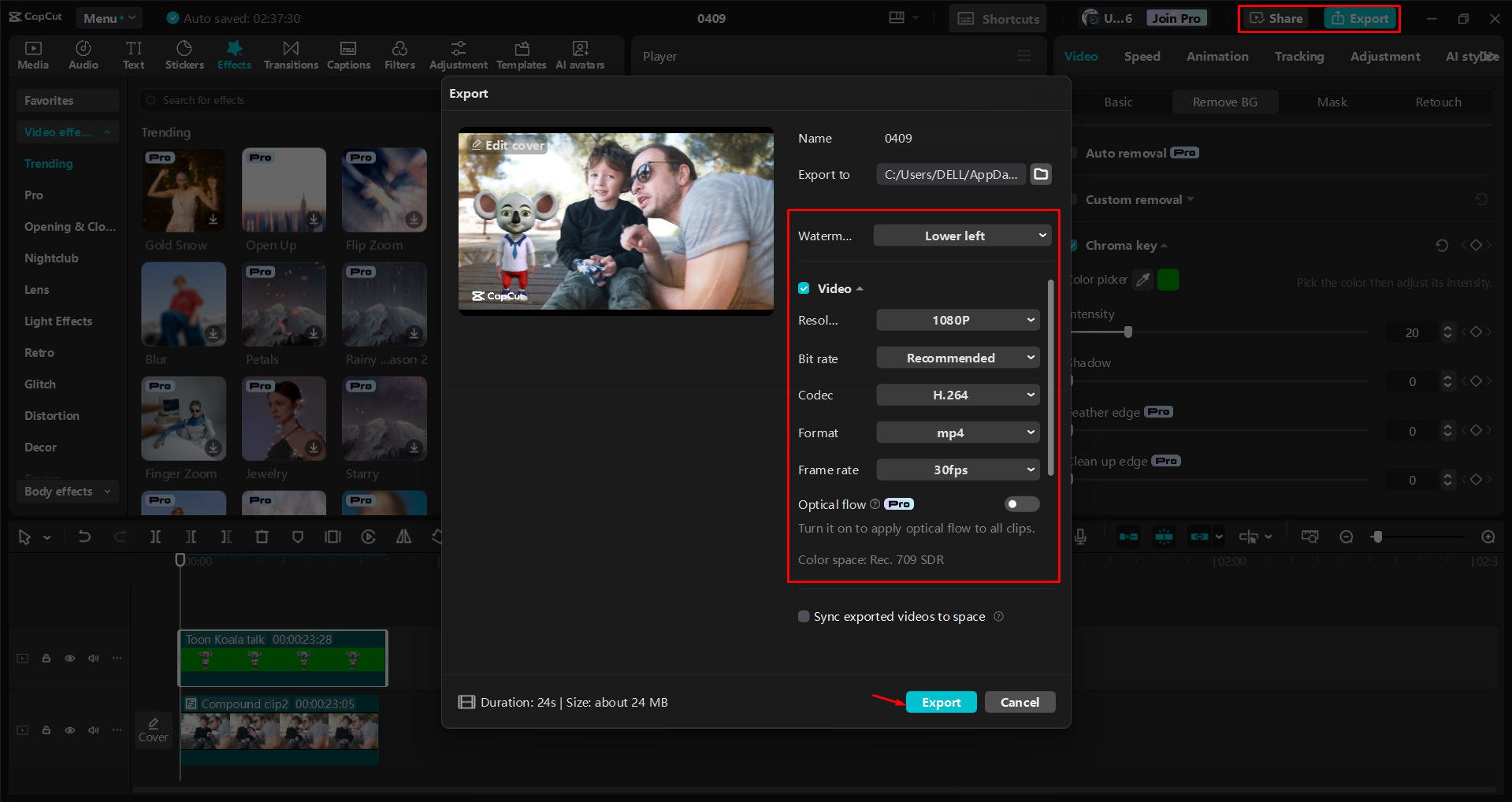 Exporting a video from the CapCut desktop video editor