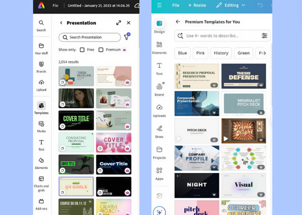 Comparação de modelos entre Canva e Adobe Express