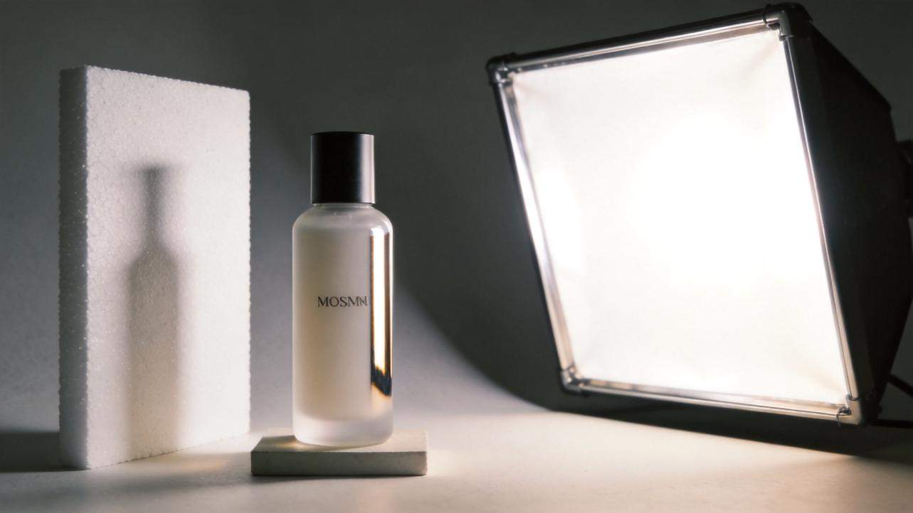 Cosmetic bottle on a stand beside a foam board and a softbox light setup