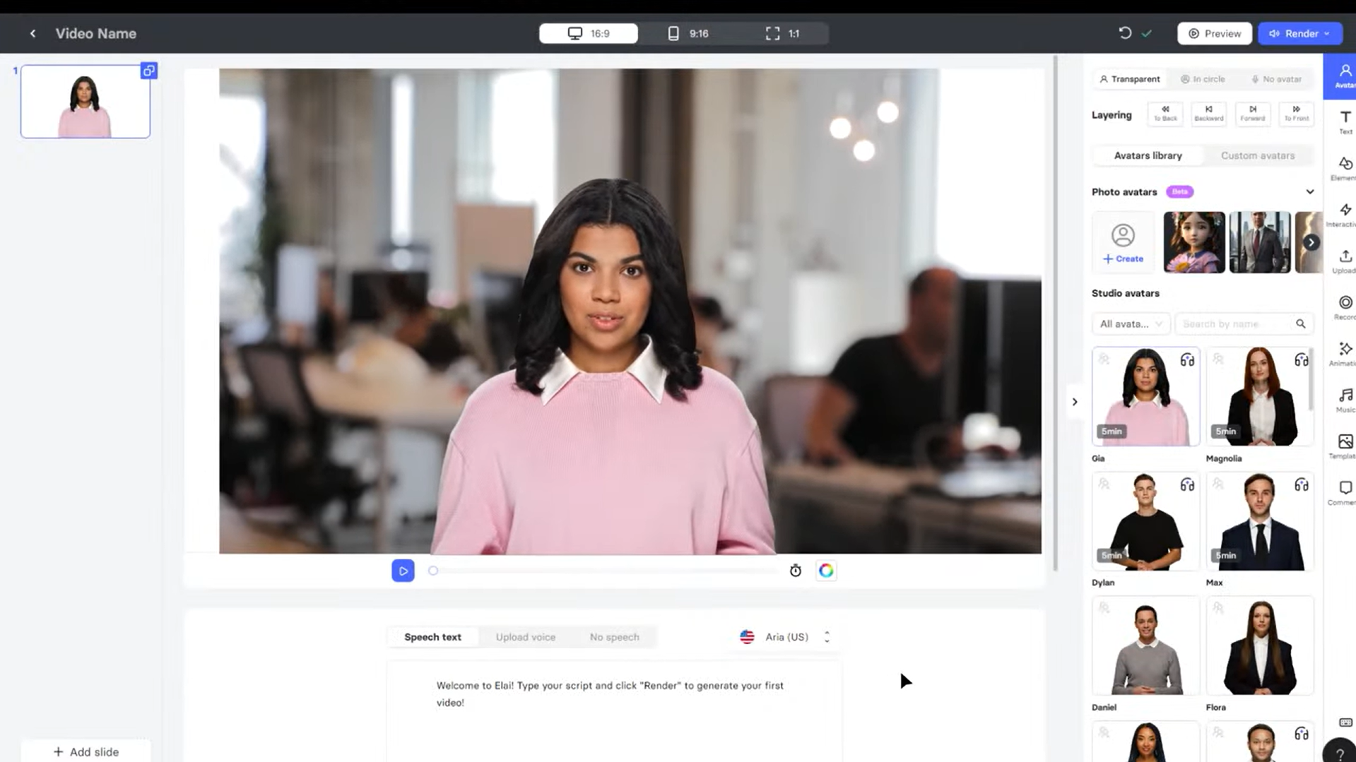 Benutzeroberfläche von Elai.io - ein weiterer kostenloser KI-Nachrichten-Videogenerator