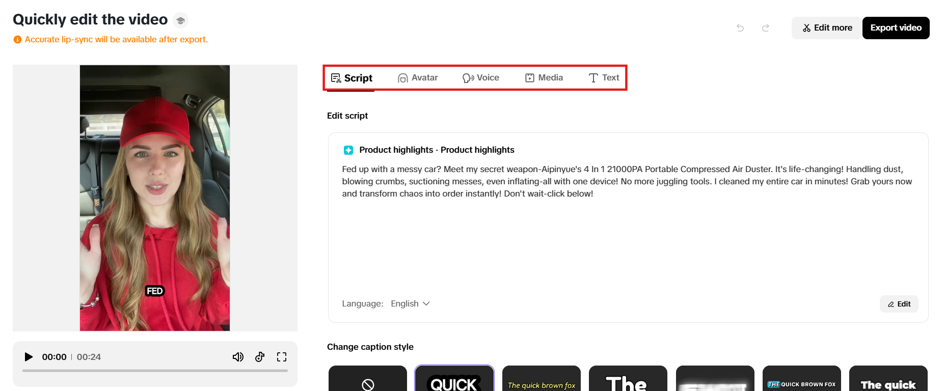 Modify script, avatar, voice, media and text